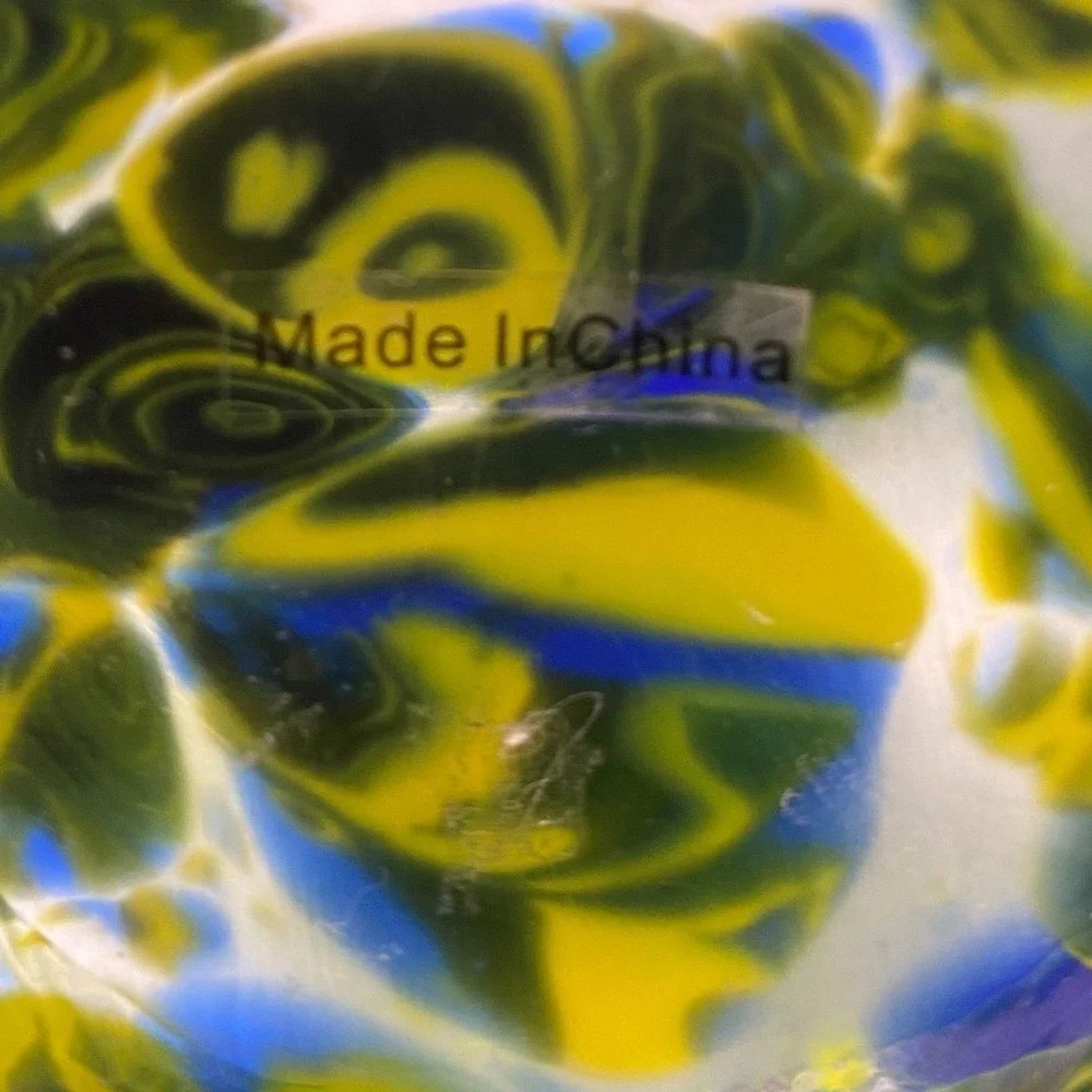 Hand Blown Art Glass Vase Round Confetti Swirl Green Yellow Blue 7 Inch